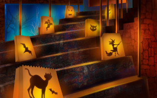Cat halloween stairs pumpkin ghost - concept art free wallpaper