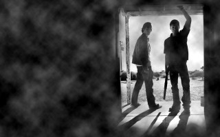 Two men doorway arms gun - their arm free wallpaper