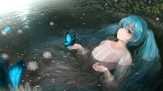 Blue haired woman butterfly water - a blue butterfly free wallpaper