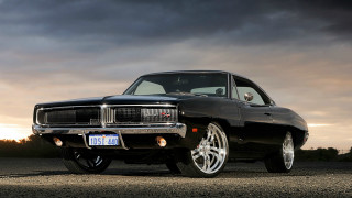 Black muscle car cloudy sky 2 - a black muscle car free wallpaper
