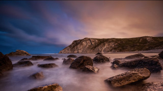 Rocky beach mountain dusk long - dave allsop free wallpaper for desktop