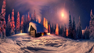 Cabin snowy forest night fullmoon - a full moon in the sky above free wallpaper