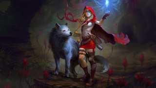 Red dress woman wolf glowing - ball free wallpaper