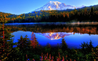 Mountain lake forest sunset blue - a lake in the foreground and trees free wallpaper