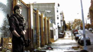 Masked man streetcorner apocalyptic weapon - door free wallpaper for desktop