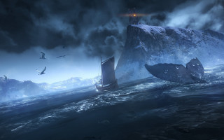 Ship ocean rock birds cinematic - cinematic matte painting free wallpaper