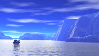 Boat water mountains snowy sky - environmental art free wallpaper