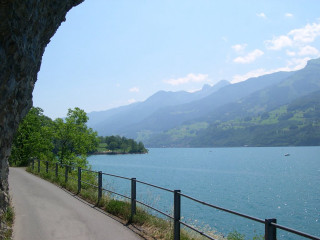 Lake mountains road fence bench - lake free wallpaper for desktop