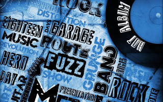 Blue guitar clock words assemblage - post grunge free wallpaper