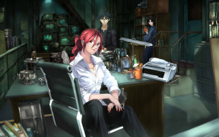 Woman redhair sitting desk portrait - other person free wallpaper for desktop