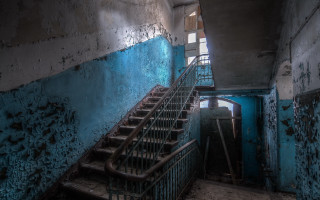 Ruined stairs blue walls peeling - the wall and floor free wallpaper