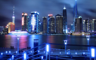 City skyline boat neon night - cui bai free wallpaper