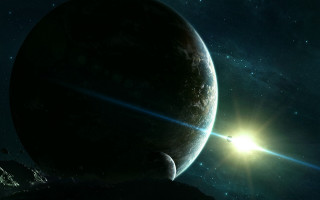 Planet bright light mountains star - a distant star in the foreground free wallpaper