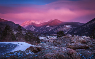 Mountain range pink sky snowy - a snow free wallpaper
