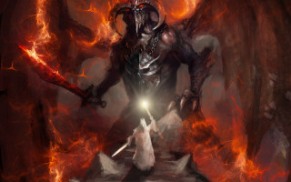 Demonic demon sword flames fire - his hand and a demon free wallpaper