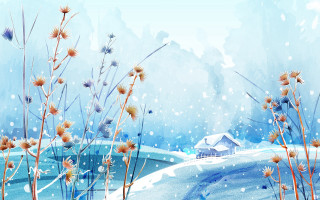 Snowy landscape house flowers winter - plein air free wallpaper