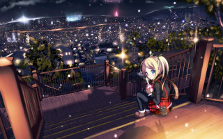 Anime girl balcony city night - the city free wallpaper