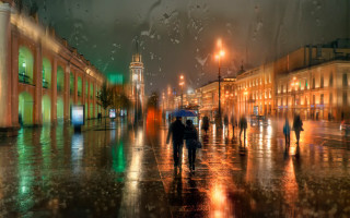 Night rainy street umbrella cityscape - a clock tower in the background free wallpaper