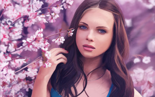 Woman long hair cherry blossoms - a digital painting free wallpaper for desktop