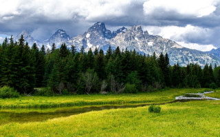 Grassy field stream mountains clouds - ansel adams free wallpaper for desktop