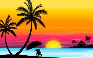 Sunset beach chair palm trees - free neon wallpaper for desktop