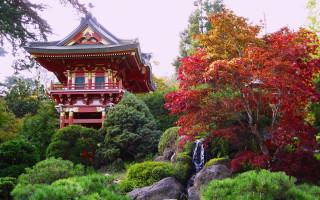 Pagoda garden waterfall autumn japan - japan eishōsai chōki free wallpaper