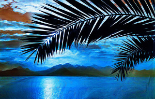 Palm tree water mountains beach - matte fantasy painting free wallpaper for desktop