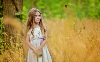 Girl butterfly field blonde dress - little free wallpaper