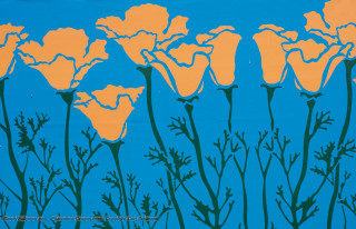 Flowers blue background orange green - a painting of flowers free wallpaper