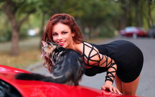 Woman blackdress redcar cat brownhair - a red car free wallpaper