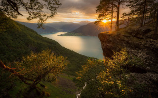 Sunset lake mountains waterfall forest - arthur quartley free wallpaper for desktop