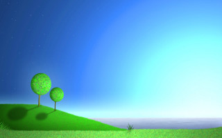 Trees hill ocean night stars - volumetric lighting free wallpaper for desktop