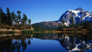 Mountain reflection lake trees blue 2 - a blue sky above free wallpaper