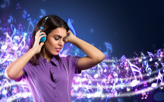 Woman headphones music notes glowing - music free wallpaper