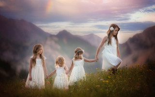 Girls holding hands field mountains - caroline lucy scott free wallpaper
