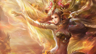 Woman dragon wings fire background - high fantasy free wallpaper