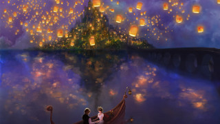 Castle boat lanterns magical night - a painting of a castle free wallpaper