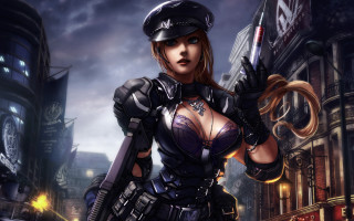 Woman police cyberpunk city night - a gun in a city street free wallpaper