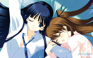 Anime girls hugging hand holding - official art free wallpaper for desktop