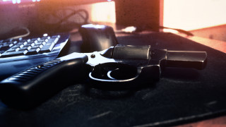 Gun keyboard desk blurry photorealism - a desk free wallpaper