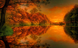 Lake forest autumn sunset magic - orange leaf free wallpaper for desktop