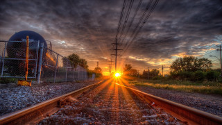Sunset train track power lines - power free wallpaper