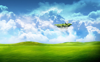 Green field island cloudy sky - a small island in the middle of it free wallpaper