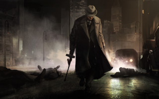 Man trench coat hat walking - his hand and a gun free wallpaper