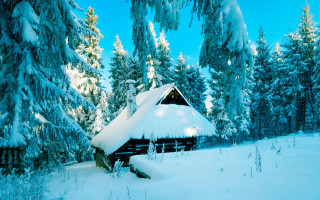 Cabin snowy woods blue sky - edi rama free wallpaper