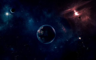 Planets stars space aurora moon - red light free wallpaper