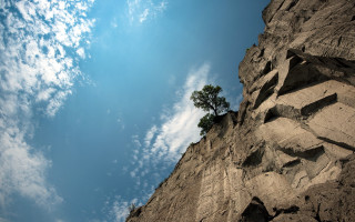 Lone tree rocky cliff blue - sense of depth free wallpaper for desktop