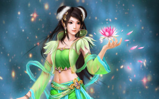 Woman green dress flower starry - fantasy artwork free wallpaper