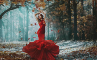 Red dress forest autumn leaves 2 - fashion photography free wallpaper