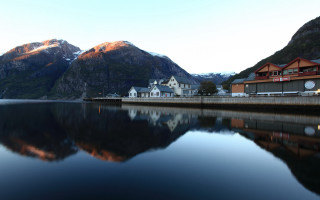Lake mountain building reflections art - artur grottger free wallpaper for desktop